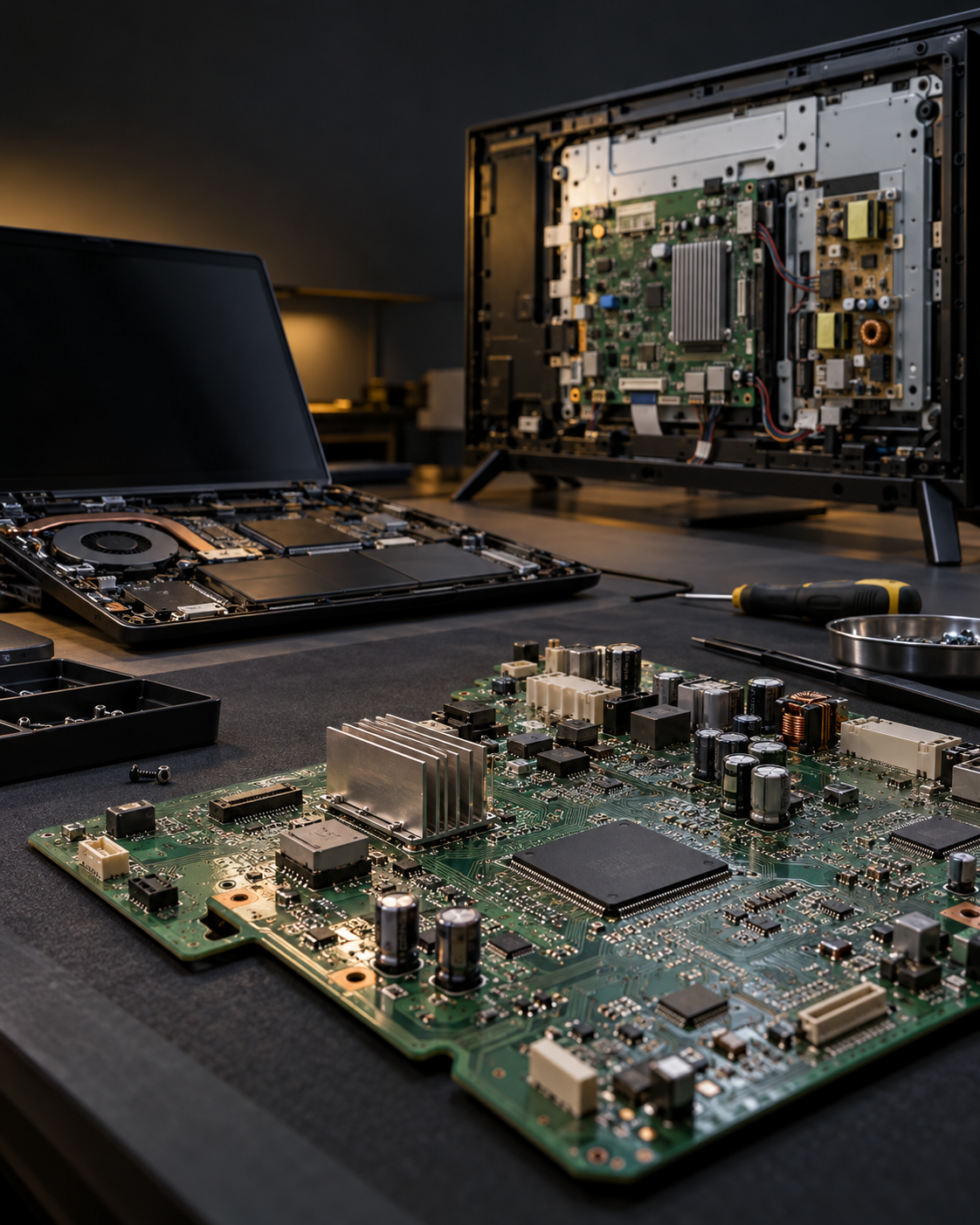 Composición fotográfica ilustrativa: placa electrónica en primer plano, notebook abierta y televisor con sus circuitos visibles